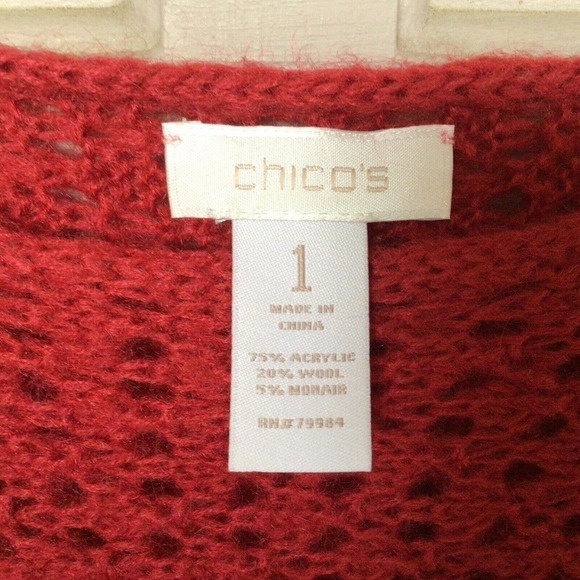 Chico's Sweater Sz1 Classic Pullover Loose Knit Red Banded Cuffs/Hem Pre-Owned - Picture 10 of 10